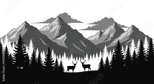 Majestic deer stand before a mountain range in dark silhouette