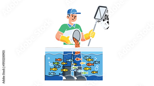 Aquarium Maintenance Illustration: A skilled aquarium professional diligently tends to a vibrant aquatic ecosystem, pouring food into the tank for the lively fish population, and using net.