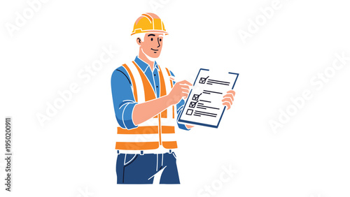 Construction worker with clipboard: A construction worker in a safety vest and helmet carefully reviews the checklist, inspecting the details with diligence and precision.