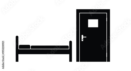 Simple bedroom furniture arrangement depicted in a stark black silhouette