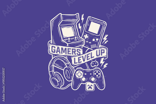 Retro Gaming Illustration Gamers Level Up Design