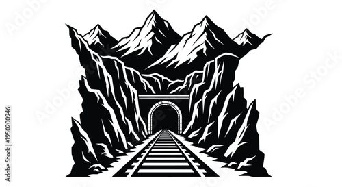 Dramatic mountain pass with a railway tunnel in stark silhouette