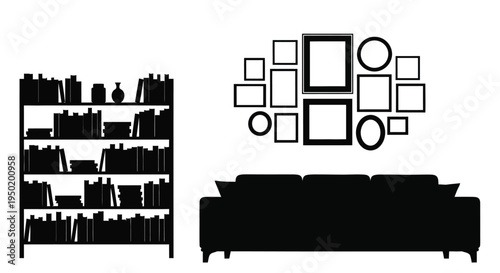 Minimalist living room scene with bookshelf and gallery wall silhouette