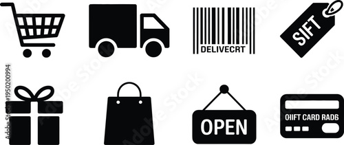 Shopping icons set with delivery vehicles and bags