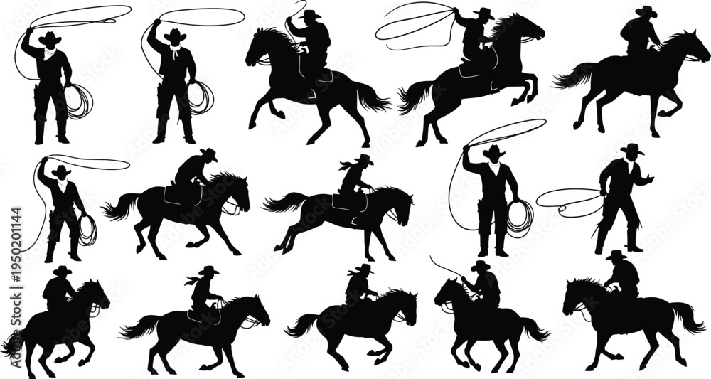 Naklejka premium Cowboy silhouette set featuring western riders on horses with lassos roping and riding in wild west ranch hand vector style.