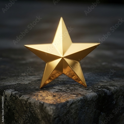 Polished golden five pointed star rests upon a dark textured stone surface