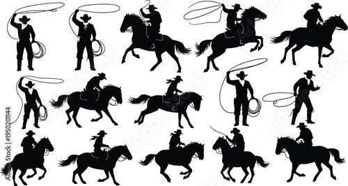 Cowboy silhouette set featuring western riders on horses with lassos roping and riding in wild west ranch hand vector style.