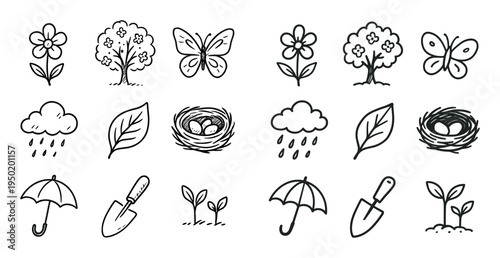 Garden icons with flower leaf and seedling handdrawn