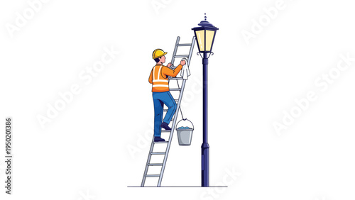 Maintenance Worker at Work: A diligent maintenance worker, clad in safety gear, ascends a ladder to service a classic street lamp, demonstrating dedication and precision in his work.