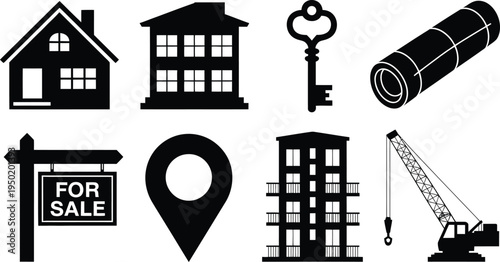 Building and construction icons set with houses vector illustrations