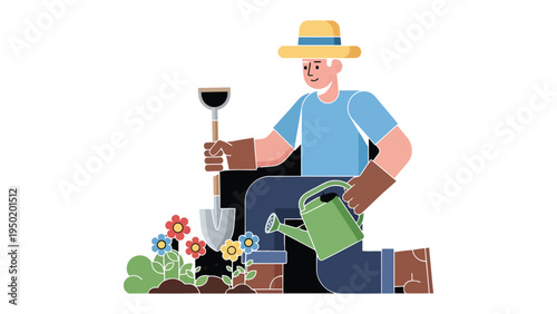 Gardening Enthusiast Nurturing Blooming Life: An illustrated scene depicting a gardener meticulously tending to vibrant flowers, symbolizing the joy and care involved in nurturing growth.