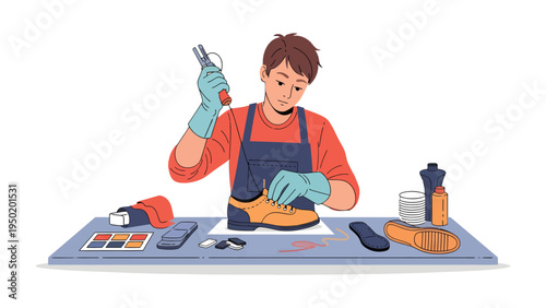 Artisan Shoemaker at Work: An artisan meticulously works on a shoe, demonstrating the artistry and skill of shoemaking. The scene highlights the focus and dedication in crafting footwear.