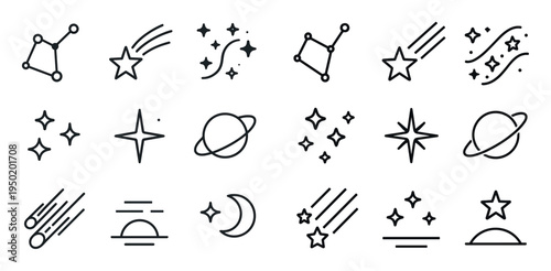 Space icons with star planet comet outline