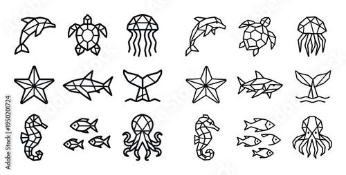 Marine icons with dolphin turtle jellyfish geometric