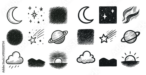 Celestial icons with moon star planet sketch