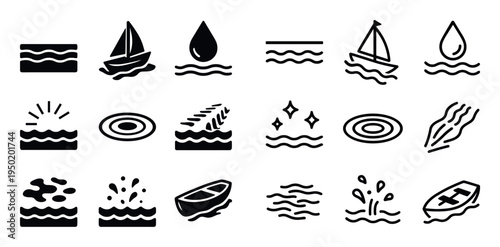 Marine icons with boat sail drop minimal