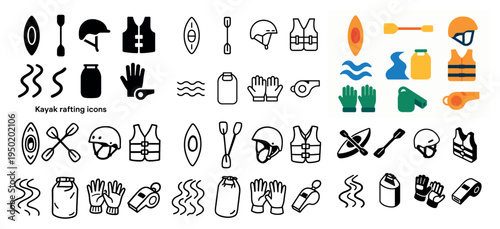 Kayaking icons with paddle helmet lifejacket outline