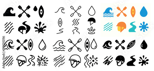 Water sports icons with paddle kayak wave flat