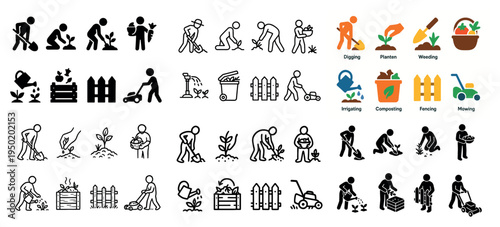 Gardening icons with shovel plant watering outline