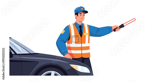Traffic Control: A traffic officer guides a car with a traffic wand. Capturing a moment of directing traffic and maintaining order.