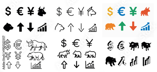 Finance icons with bull bear arrows minimal
