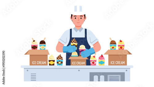 Ice Cream Artisan: An ice cream artisan crafts colorful frozen treats, meticulously arranging them amidst boxes, perfect for showcasing the artistry of ice cream creation.