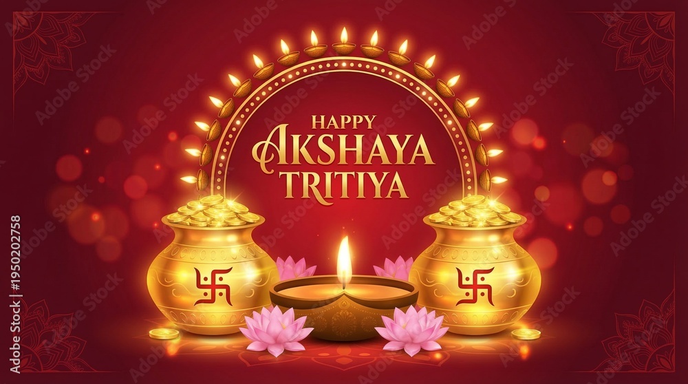 Naklejka premium Akshaya tritiya hindu festival celebration banner with golden kalash coins diya lotus flowers sacred swastik symbol and glowing lamps representing prosperity wealth and blessing