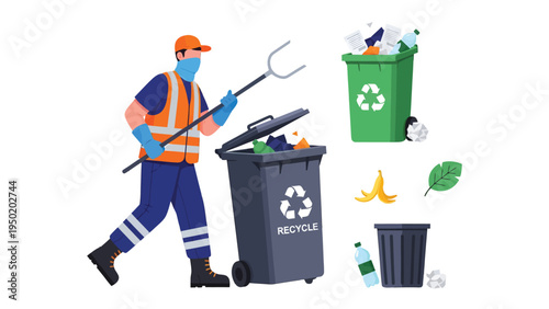 Waste Management Worker: An illustration captures the dedication of a sanitation worker as he diligently manages waste, accompanied by recycling bins and discarded items.