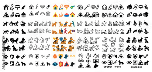 Security icons with guard dog house paw outline style