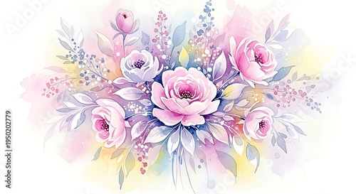 Watercolor Floral Bouquet with Pastel Roses and Delicate Foliage.