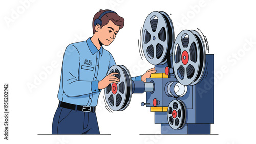 Retro Movie Projectionist: A dedicated projectionist, immersed in the craft of film, diligently operates a classic movie projector, readying to transport viewers to cinematic worlds.