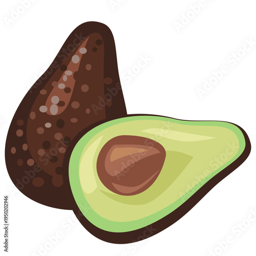 Whole and half ripe avocado fruit with seed on a transparent background