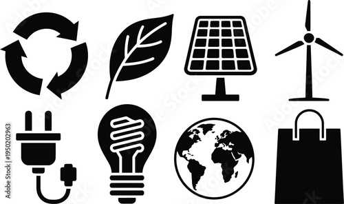 Ecology and eco icons set with earth globe tree and energy symbols