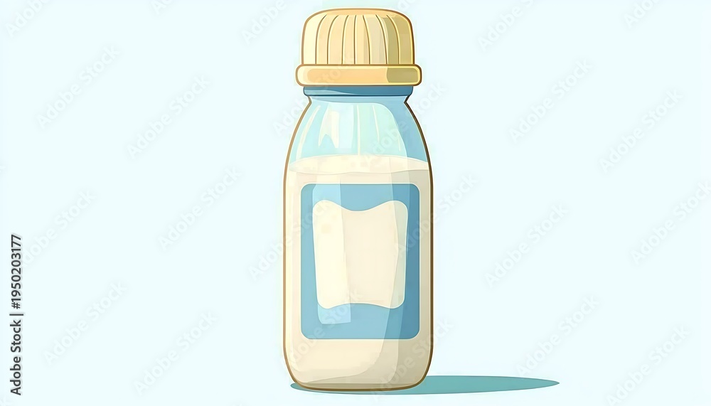Fototapeta premium Close up illustration of bottle with white liquid and blank label on blue background