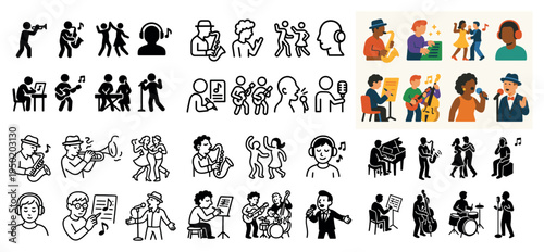 Music icons with singer trumpet guitar colorful