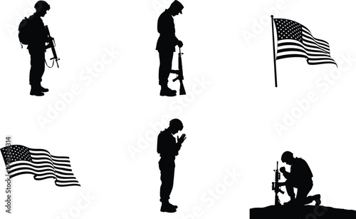 Memorial day tribute with soldiers and american flags silhouettes