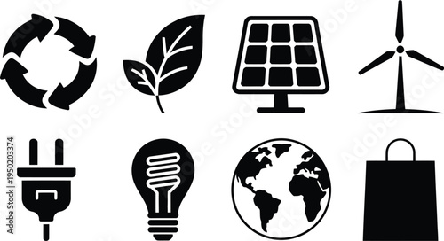 Colorful ecology icon set featuring earth globe leaf tree recycling and environmental symbols in a clean vector illustration style