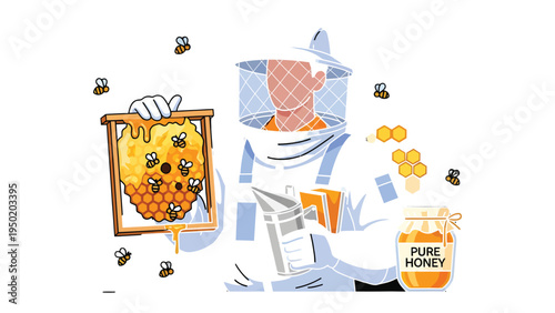 Beekeeper's Harvest: An illustrated scene of a beekeeper at work, inspecting a honeycomb and other elements related to honey production.