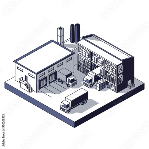 Industrial Warehouse Facility with Trucks and Storage.