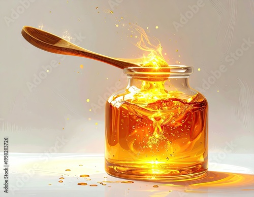 A luminous composition showcases a glass jar filled with a shimmering, golden liquid, with a wooden spoon resting atop the jar.