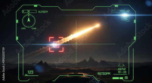 Photos A futuristic video game screenshot of a missile launch at night with a green HUD