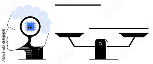 Artificial intelligence, ethics, decision-making, technology, innovation, fairness. A human profile with AI brain chip and a balanced scale. Ethical AI and balanced decision-making