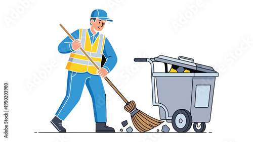 Street Cleaning Illustration: A diligent sanitation worker sweeps the streets, collecting litter with care and maintaining cleanliness.