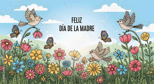 Heartfelt Mother's Day greeting card illustration featuring beautiful blooming flowers, cheerful birds, and fluttering butterflies in a vibrant spring garden scene
