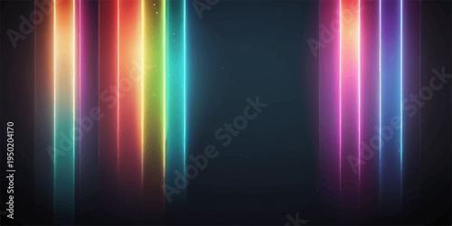 Abstract colorful background featuring a bright rainbow spectrum of glowing light waves and motion lines set against a dark night space backdrop for a vibrant vector art wallpaper design