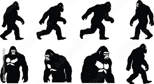 Black Bigfoot Sasquatch Silhouette Set, Mythical Forest Creature Walking and Standing Poses, Mysterious Yeti Ape Man Vector Illustration on White Background