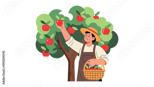 Harvesting Apples: A farmer is picking ripe, red apples from a bountiful tree, gathering them into a basket, and celebrating the seasonal harvest.