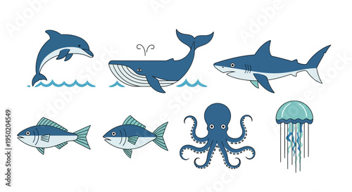 Collection of ocean animals and sea creatures.