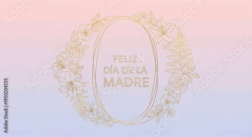 Elegant golden floral frame with a heartfelt 'Happy Mother's Day' message in Spanish, beautifully presented on a soft pastel gradient background, ideal for celebrations