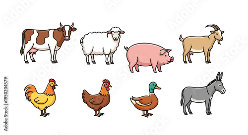 A variety of farm animals illustration.